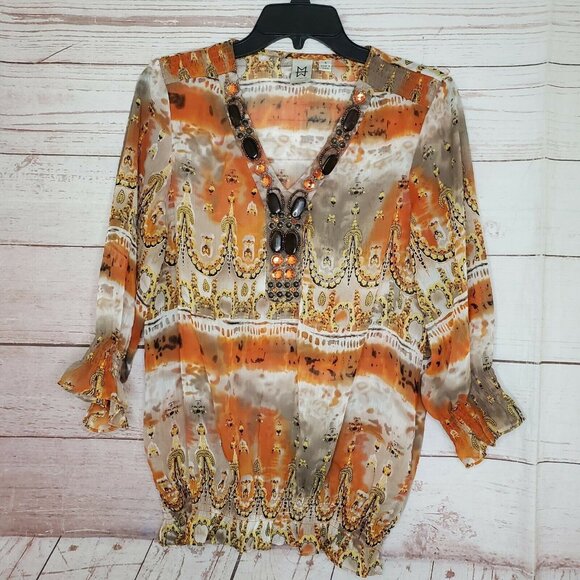 M By Marc bouwer Light Wear See Through Gem Laced Collar Elegant Decorative Top - Picture 12 of 12